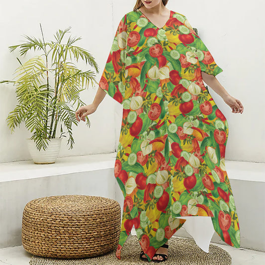 Vegan Pattern Print Silk V-Neck Kaftan Dress