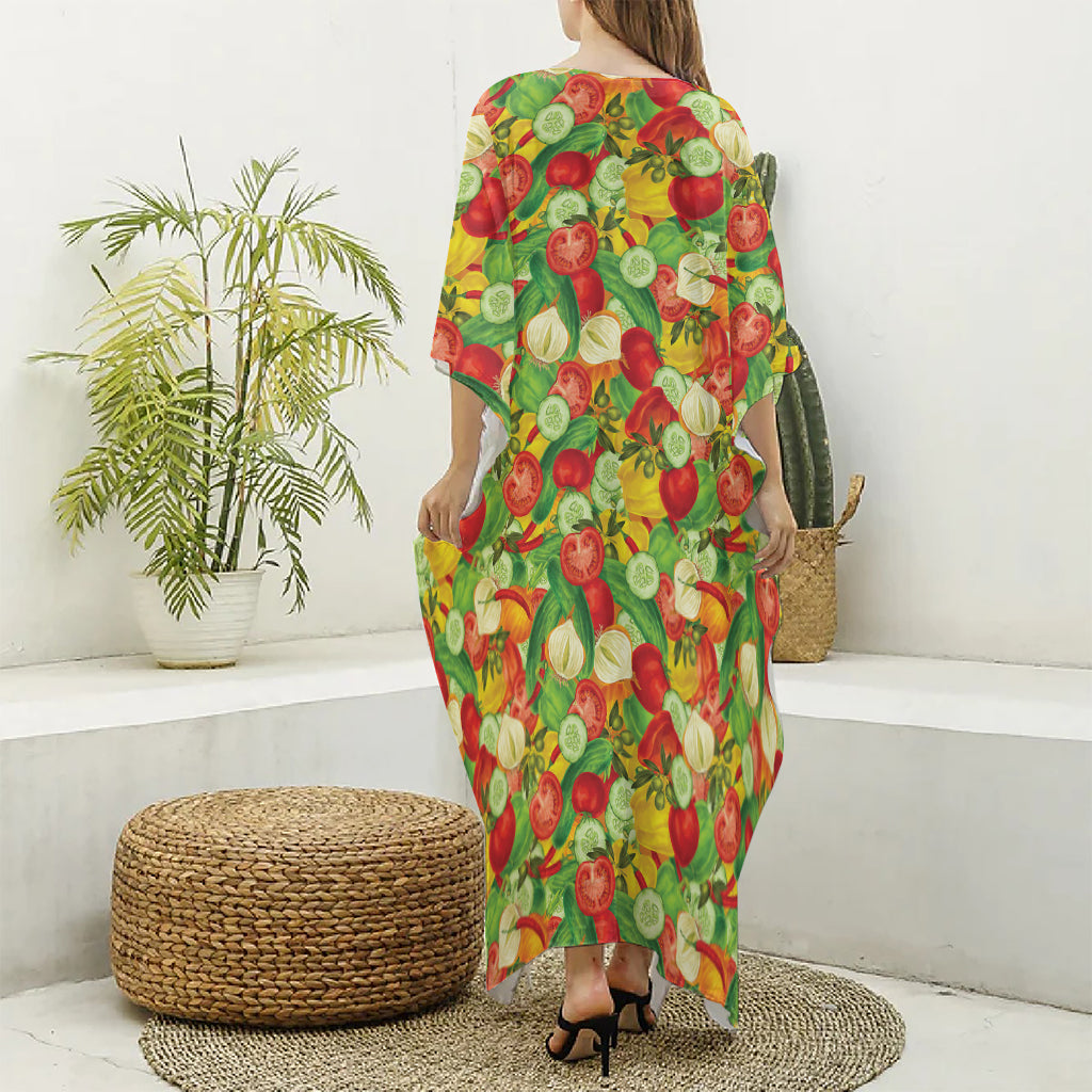 Vegan Pattern Print Silk V-Neck Kaftan Dress