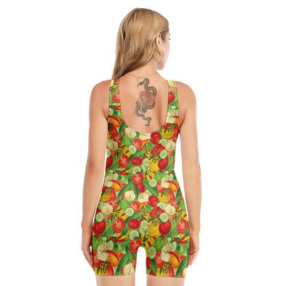Vegan Pattern Print Sleeveless One Piece Swimsuit