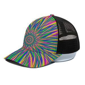 Vibrant Psychedelic Optical Illusion Black Mesh Trucker Cap