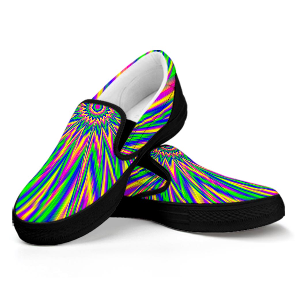 Vibrant Psychedelic Optical Illusion Black Slip On Sneakers