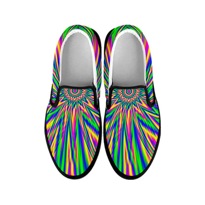 Vibrant Psychedelic Optical Illusion Black Slip On Sneakers