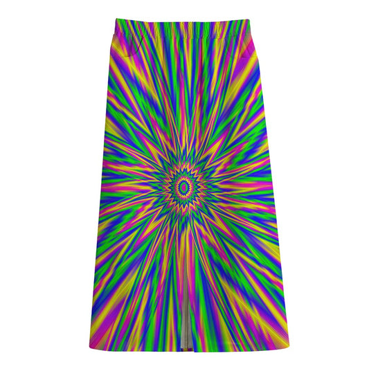 Vibrant Psychedelic Optical Illusion Cotton Front Slit Maxi Skirt