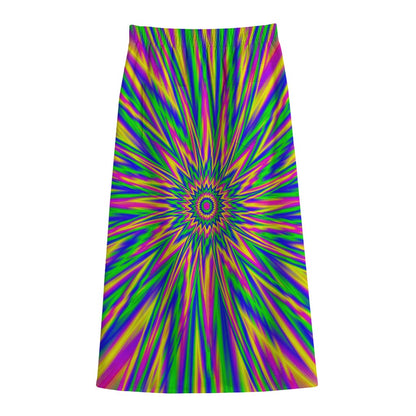 Vibrant Psychedelic Optical Illusion Cotton Front Slit Maxi Skirt