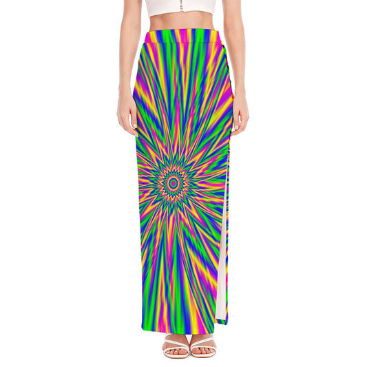 Vibrant Psychedelic Optical Illusion High Slit Maxi Skirt