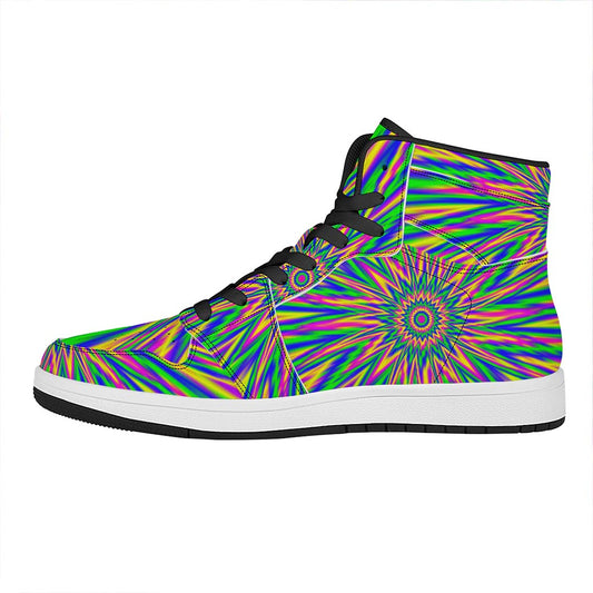 Vibrant Psychedelic Optical Illusion High Top Leather Sneakers