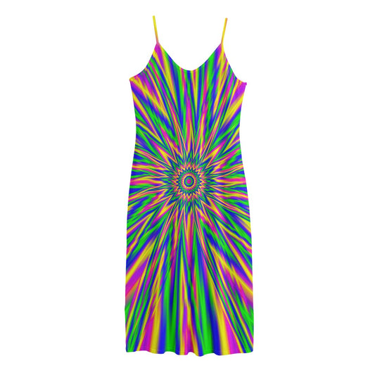 Vibrant Psychedelic Optical Illusion Jersey Midi Cami Dress