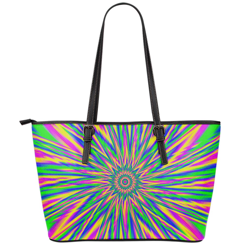 Vibrant Psychedelic Optical Illusion Leather Tote Bag