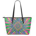 Vibrant Psychedelic Optical Illusion Leather Tote Bag