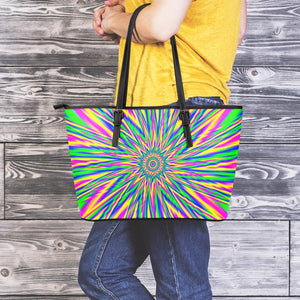Vibrant Psychedelic Optical Illusion Leather Tote Bag