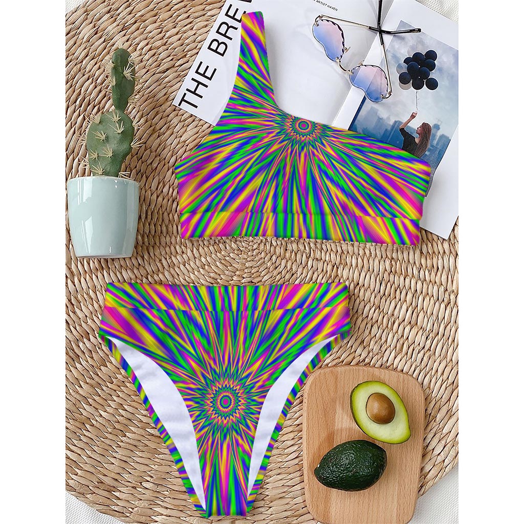 Vibrant Psychedelic Optical Illusion One Shoulder Bikini Top