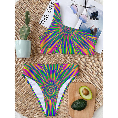 Vibrant Psychedelic Optical Illusion One Shoulder Bikini Top