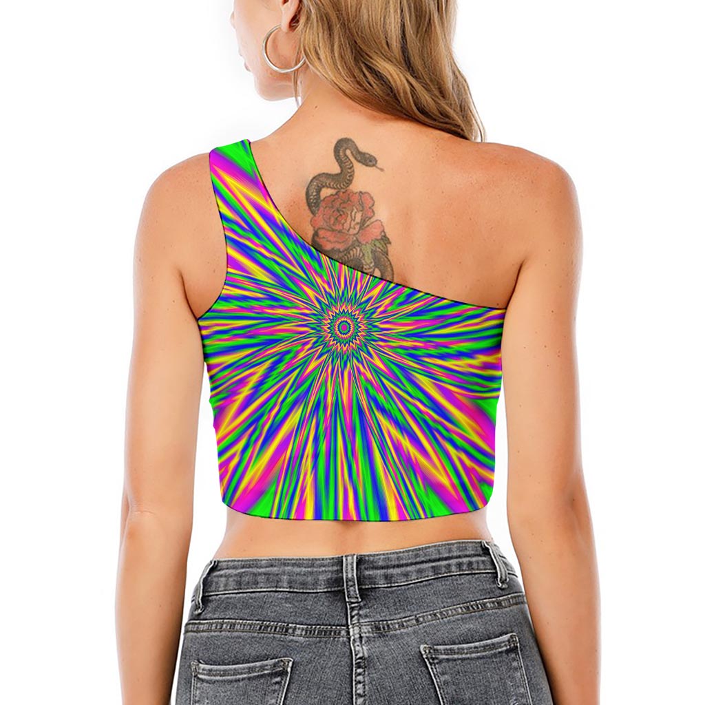 Vibrant Psychedelic Optical Illusion One Shoulder Crop Top