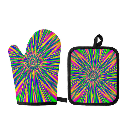 Vibrant Psychedelic Optical Illusion Oven Mitt And Pot Holder Set