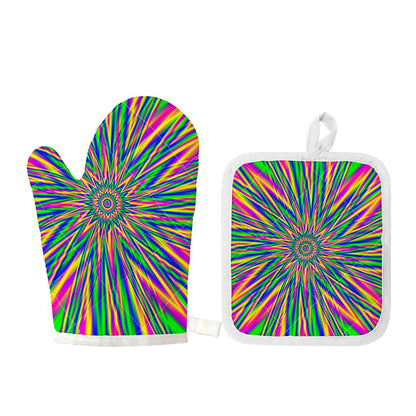 Vibrant Psychedelic Optical Illusion Oven Mitt And Pot Holder Set
