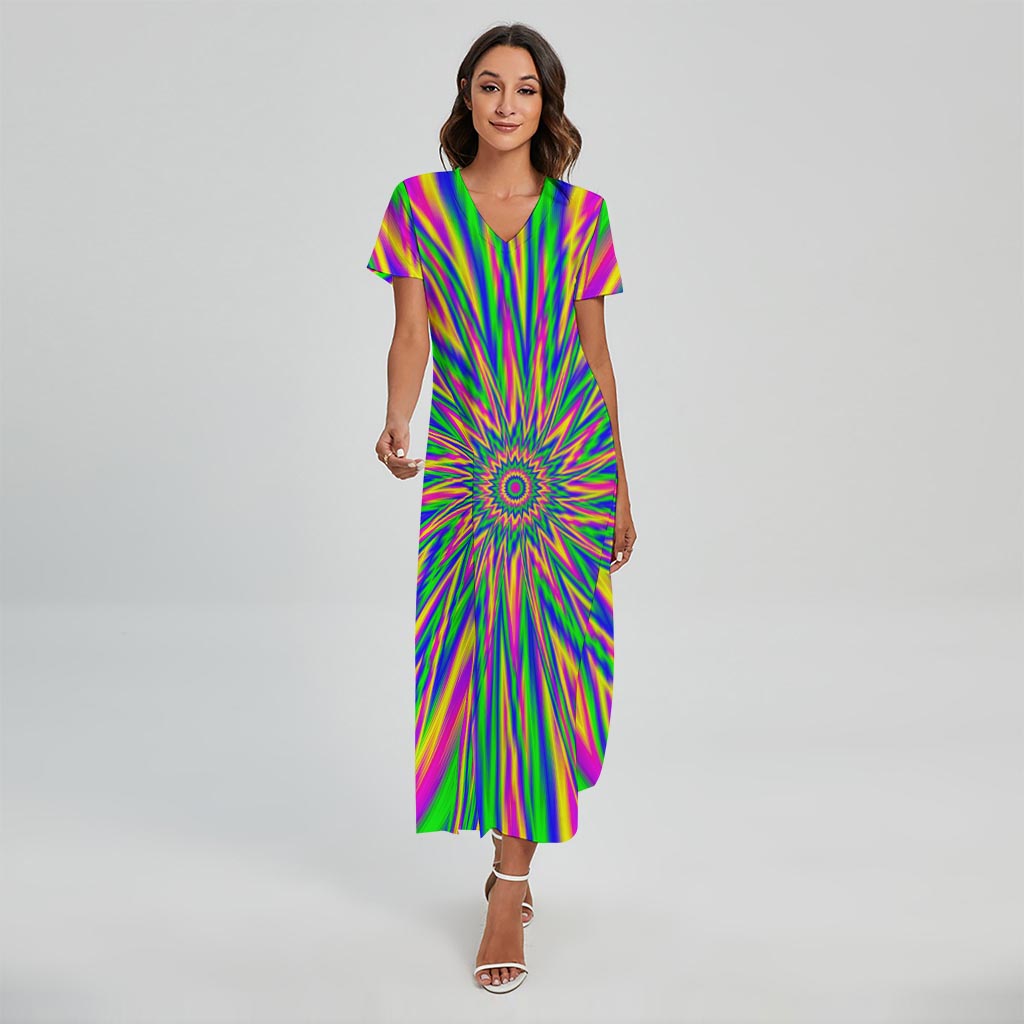 Vibrant Psychedelic Optical Illusion Short Sleeve Maxi Dress