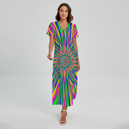 Vibrant Psychedelic Optical Illusion Short Sleeve Maxi Dress