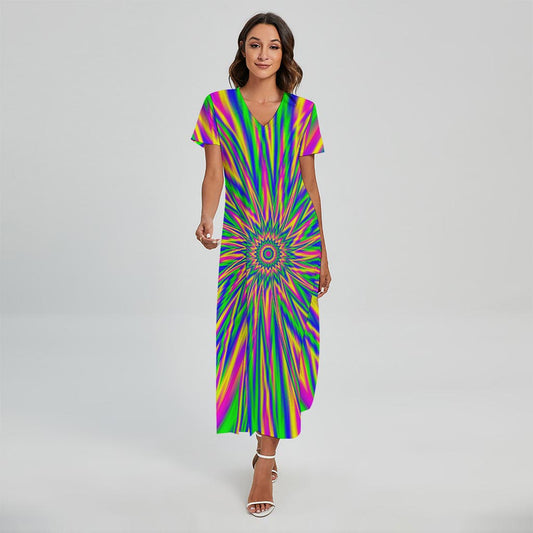 Vibrant Psychedelic Optical Illusion Short Sleeve Maxi Dress
