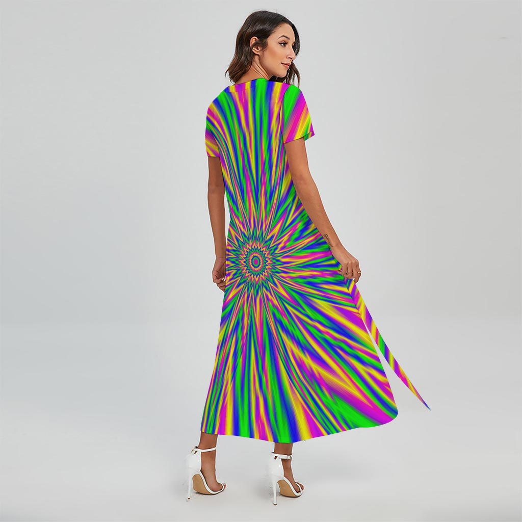 Vibrant Psychedelic Optical Illusion Short Sleeve Maxi Dress