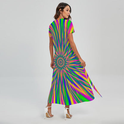 Vibrant Psychedelic Optical Illusion Short Sleeve Maxi Dress
