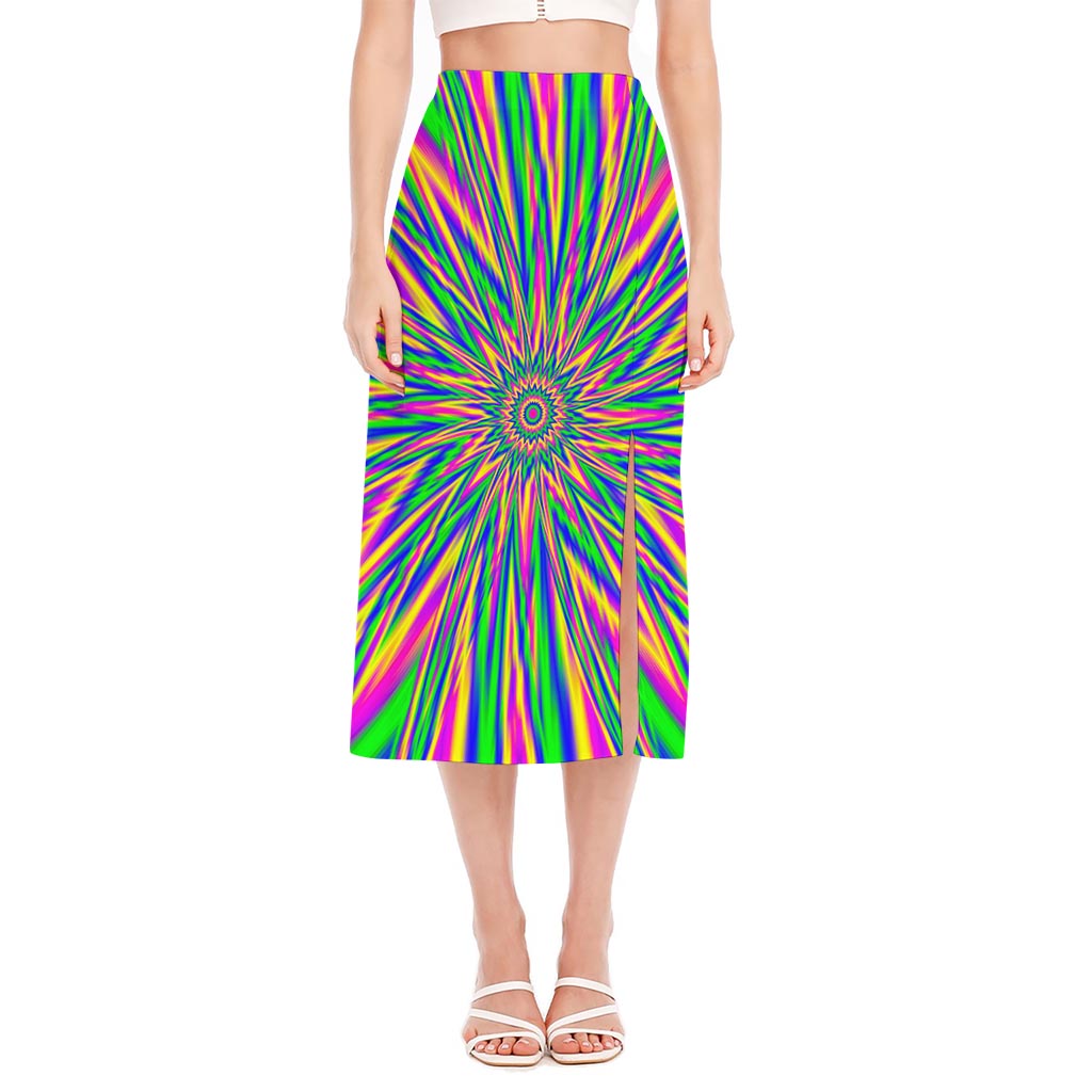 Vibrant Psychedelic Optical Illusion Side Slit Midi Skirt