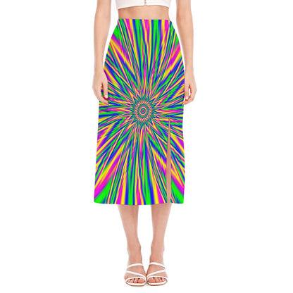 Vibrant Psychedelic Optical Illusion Side Slit Midi Skirt