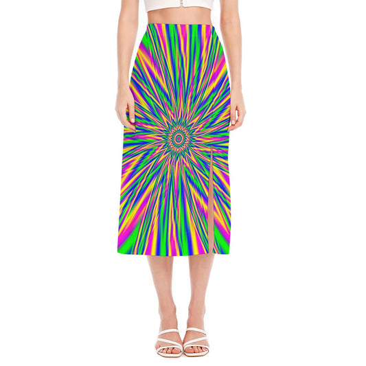 Vibrant Psychedelic Optical Illusion Side Slit Midi Skirt