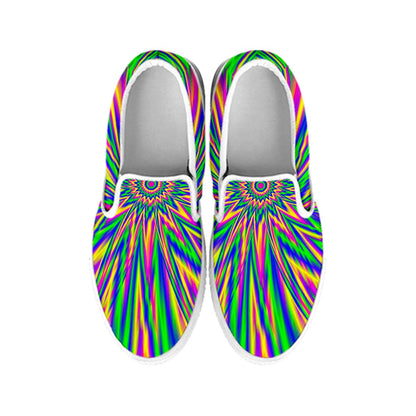 Vibrant Psychedelic Optical Illusion White Slip On Sneakers