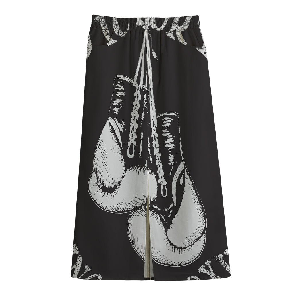 Victory King Of Boxing Print Cotton Front Slit Maxi Skirt