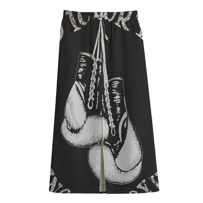 Victory King Of Boxing Print Cotton Front Slit Maxi Skirt