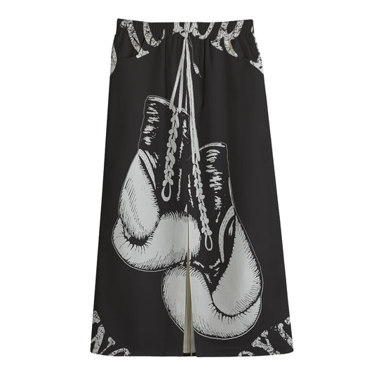 Victory King Of Boxing Print Cotton Front Slit Maxi Skirt