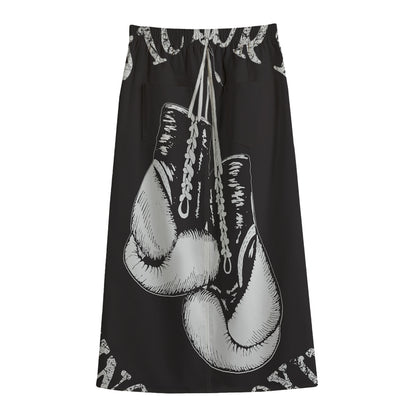 Victory King Of Boxing Print Cotton Front Slit Maxi Skirt