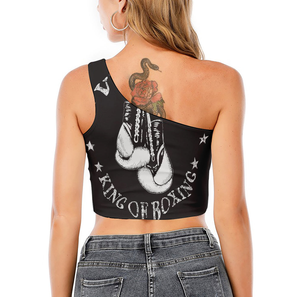 Victory King Of Boxing Print One Shoulder Crop Top