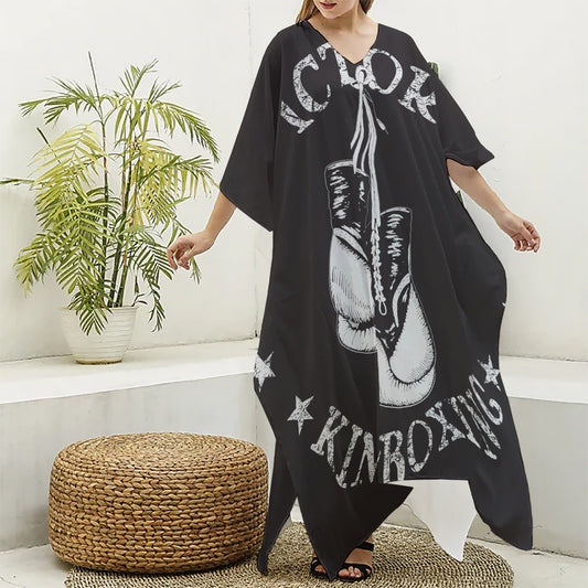 Victory King Of Boxing Print Silk V-Neck Kaftan Dress