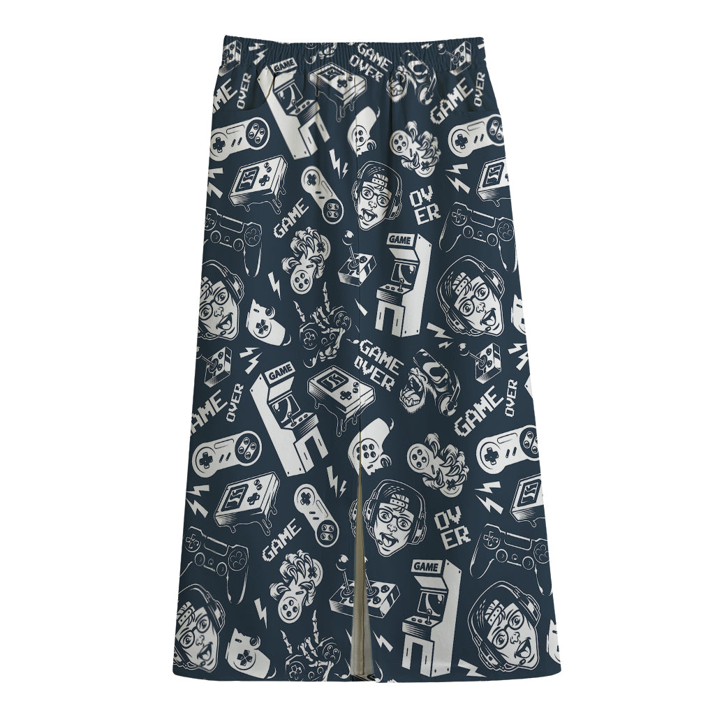 Video Game Devices Pattern Print Cotton Front Slit Maxi Skirt