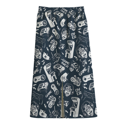 Video Game Devices Pattern Print Cotton Front Slit Maxi Skirt