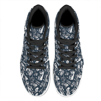 Video Game Devices Pattern Print High Top Leather Sneakers