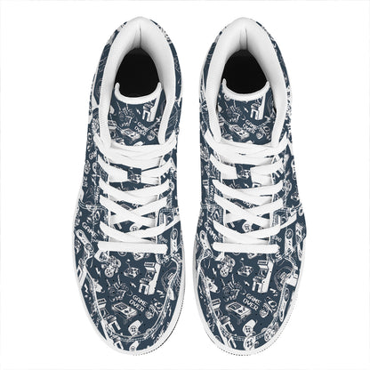 Video Game Devices Pattern Print High Top Leather Sneakers