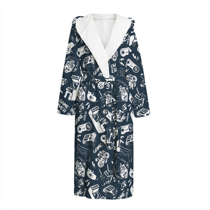 Video Game Devices Pattern Print Hooded Bathrobe