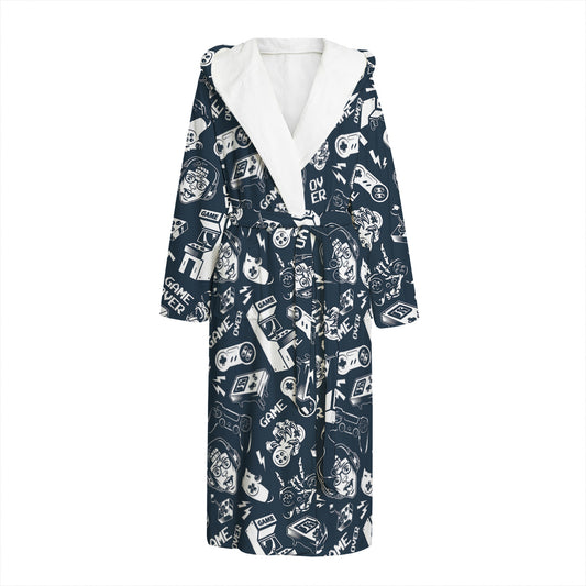 Video Game Devices Pattern Print Hooded Bathrobe