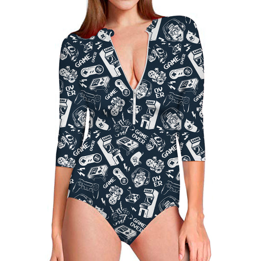 Video Game Devices Pattern Print Long Sleeve Swimsuit
