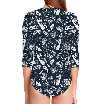 Video Game Devices Pattern Print Long Sleeve Swimsuit