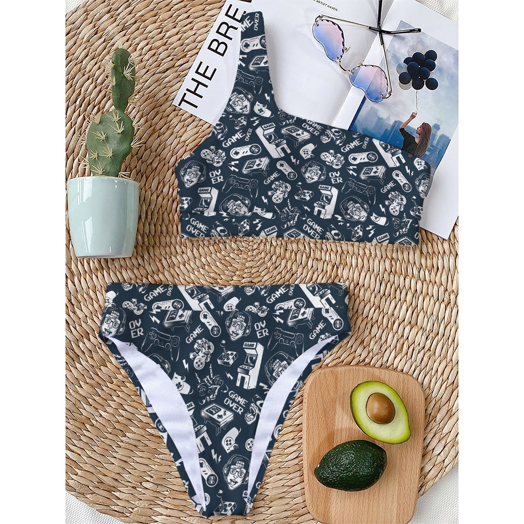 Video Game Devices Pattern Print One Shoulder Bikini Top