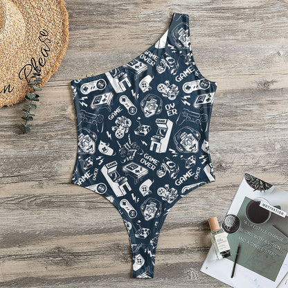 Video Game Devices Pattern Print One Shoulder Bodysuit