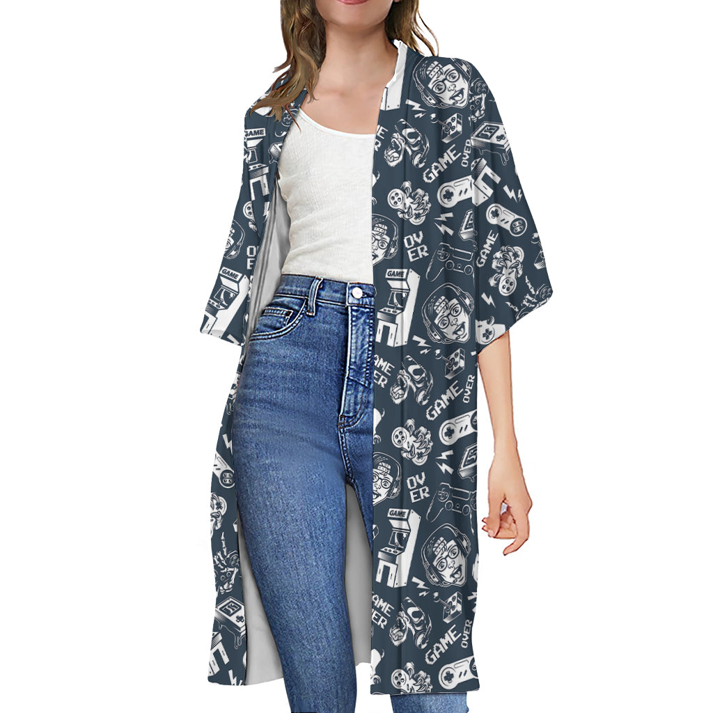 Video Game Devices Pattern Print Open Front Beach Cover Up