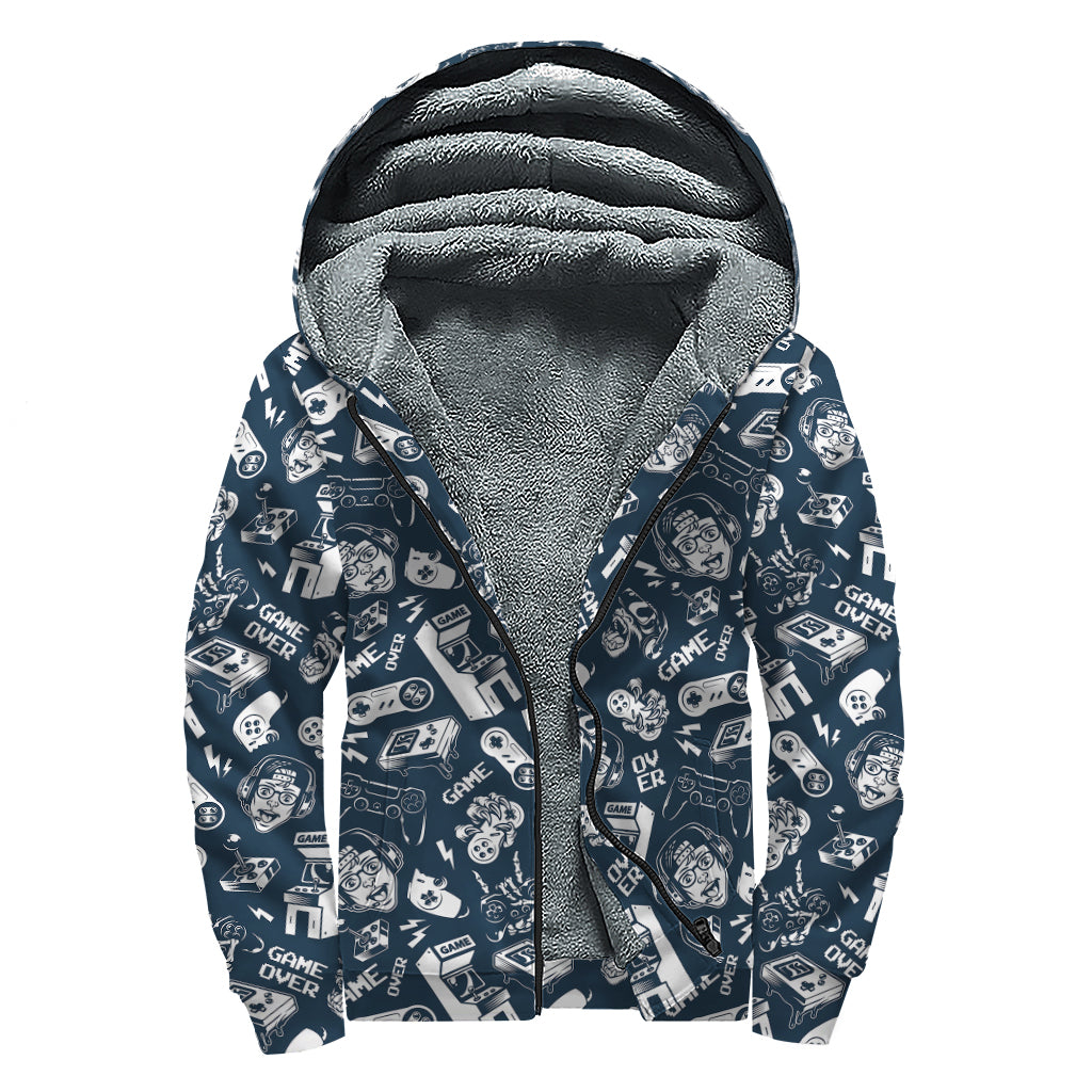 Video Game Devices Pattern Print Sherpa Lined Zip Up Hoodie