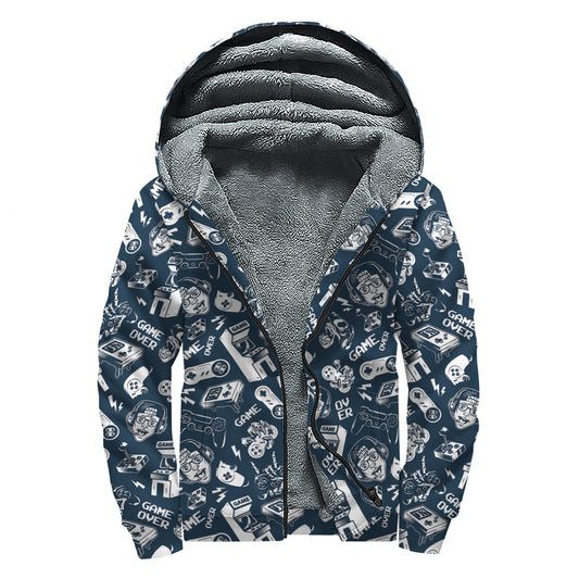 Video Game Devices Pattern Print Sherpa Lined Zip Up Hoodie