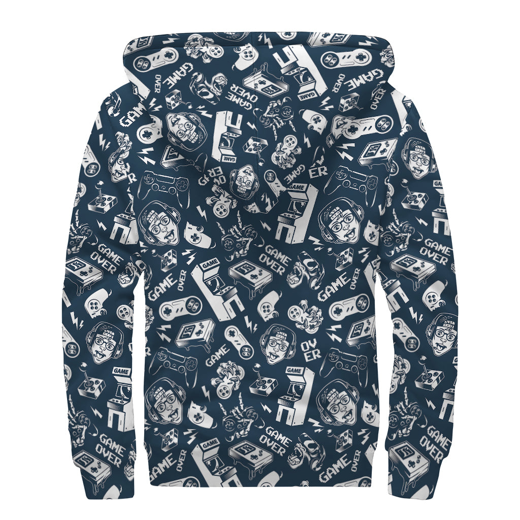 Video Game Devices Pattern Print Sherpa Lined Zip Up Hoodie