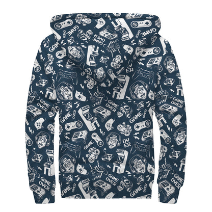Video Game Devices Pattern Print Sherpa Lined Zip Up Hoodie