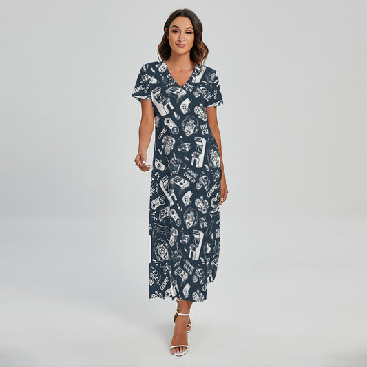 Video Game Devices Pattern Print Short Sleeve Maxi Dress